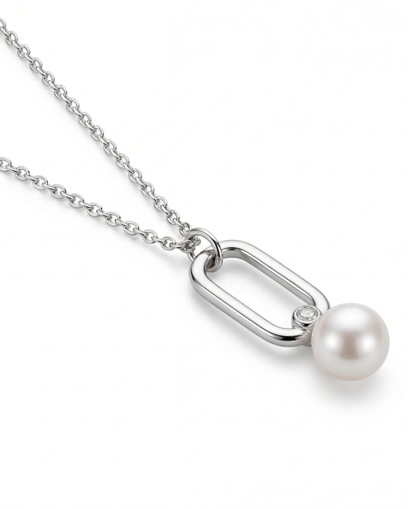 Dainty Link & Pearl Pendant Necklace #color_silver