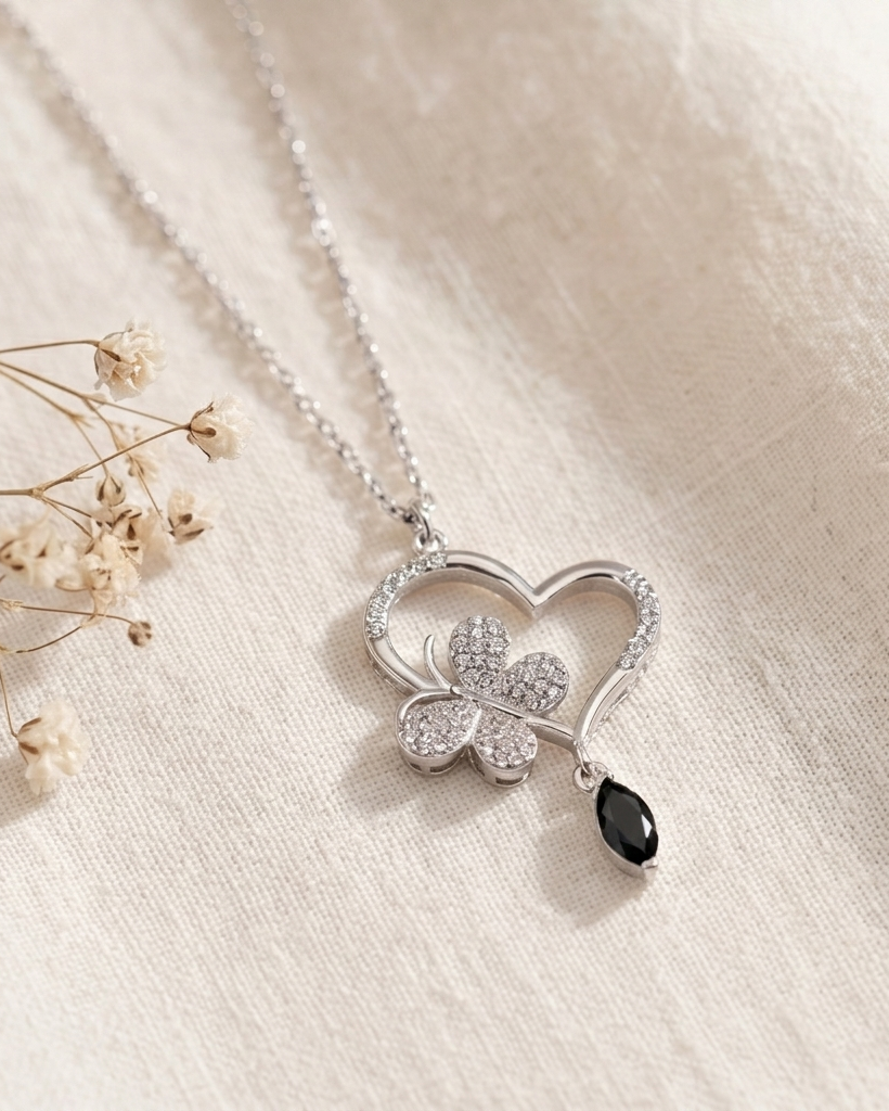 Pave Heart & Butterfly Pendant With Black Drop #color_silver