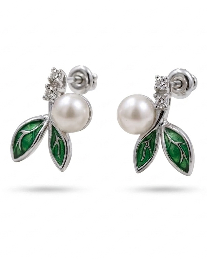 Emerald Pearl Leaf Stud Earrings #color_silver