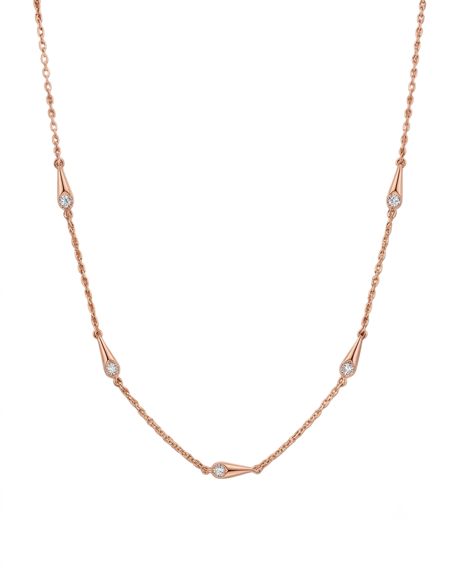 Rose gold necklace with diamond accents on a white background#color_rose gold