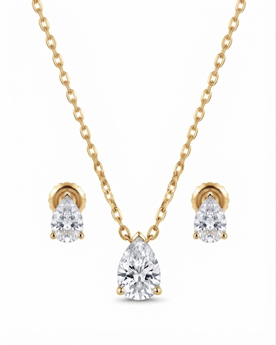 925 Sterling Silver pear-cut necklace and earrings set #color_gold