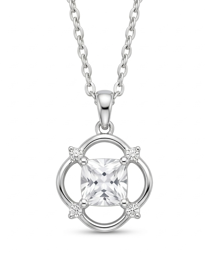 Silver necklace with a round pendant on a white background #color_silver