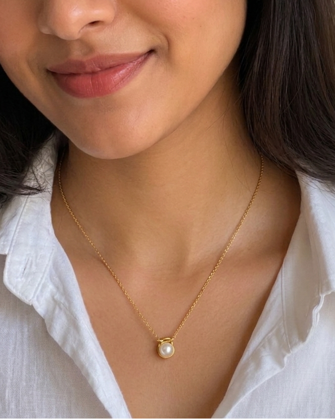 Woman wearing a gold necklace with a pearl pendant against a neutral background #color_gold