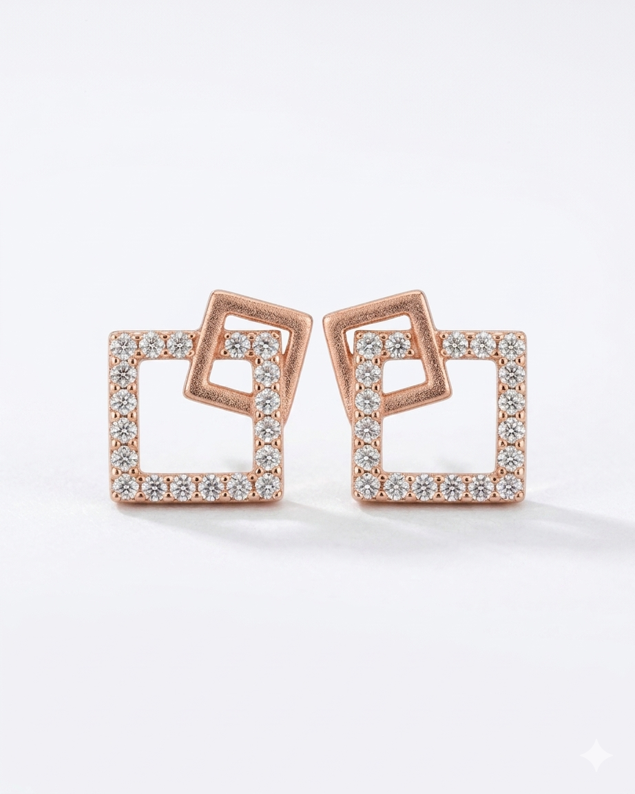 Rose gold square earrings with clear stones on a white background #color_rose gold