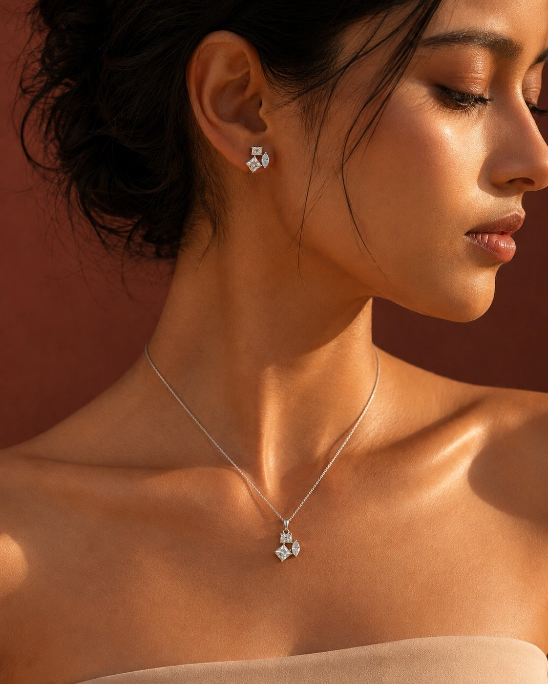 925 Sterling Silver geometric cluster necklace and earrings #color_silver