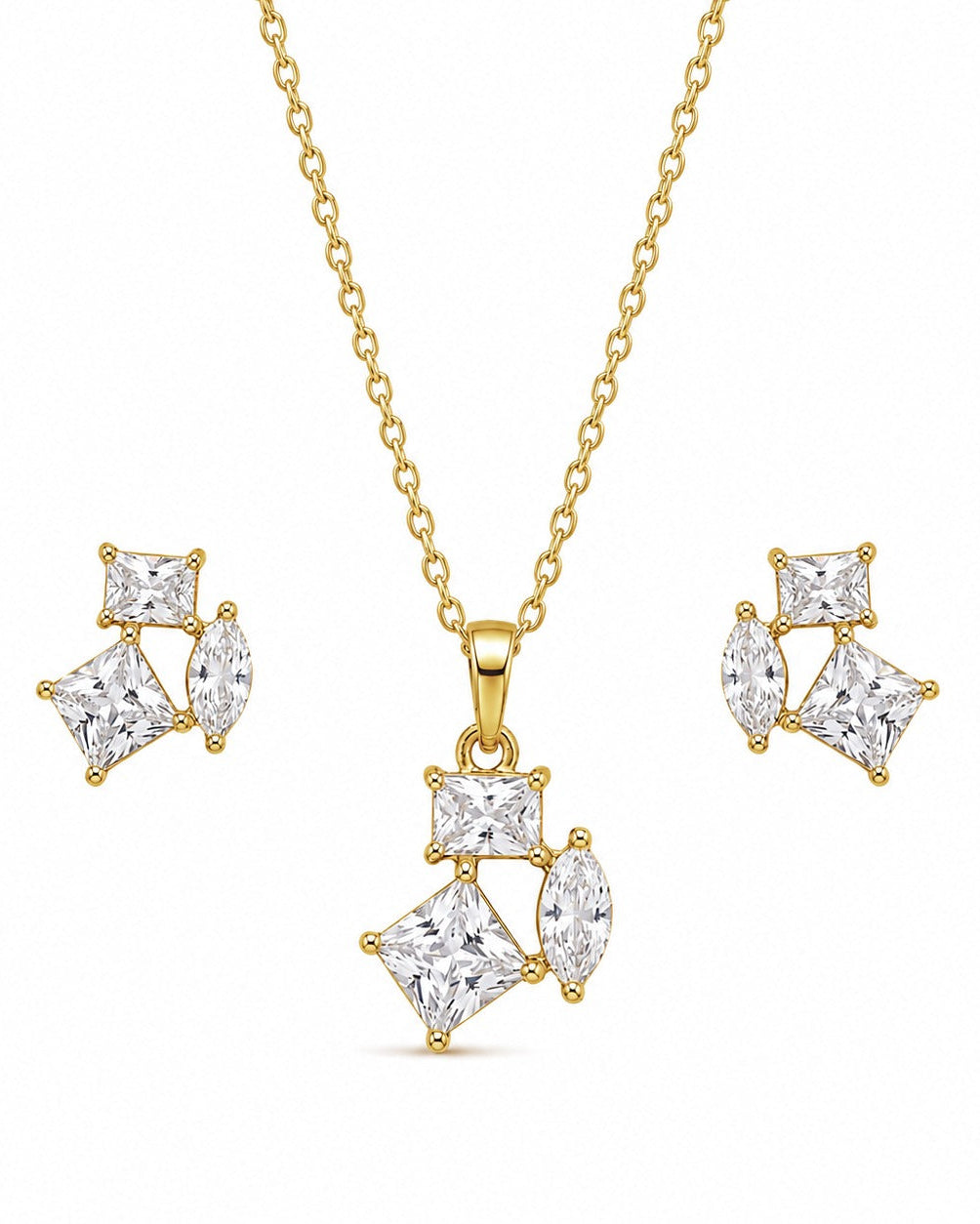 925 Sterling Silver geometric cluster necklace and earrings set #color_gold