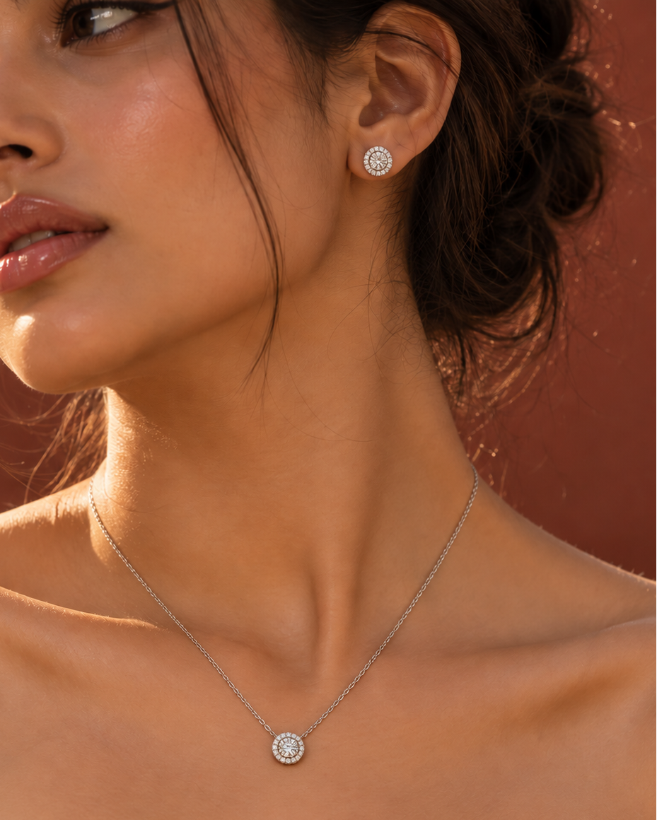 Round halo necklace and matching earrings with sparkling white accents