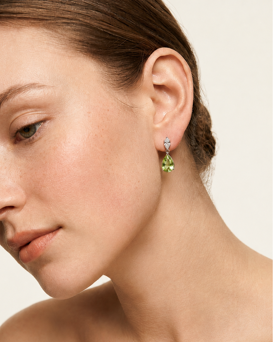 green pear-cut drop earrings with white pavé top #color_silver