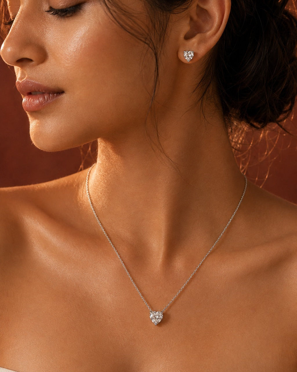 925 Sterling Silver heart-shaped solitaire necklace and earrings set #color_silver