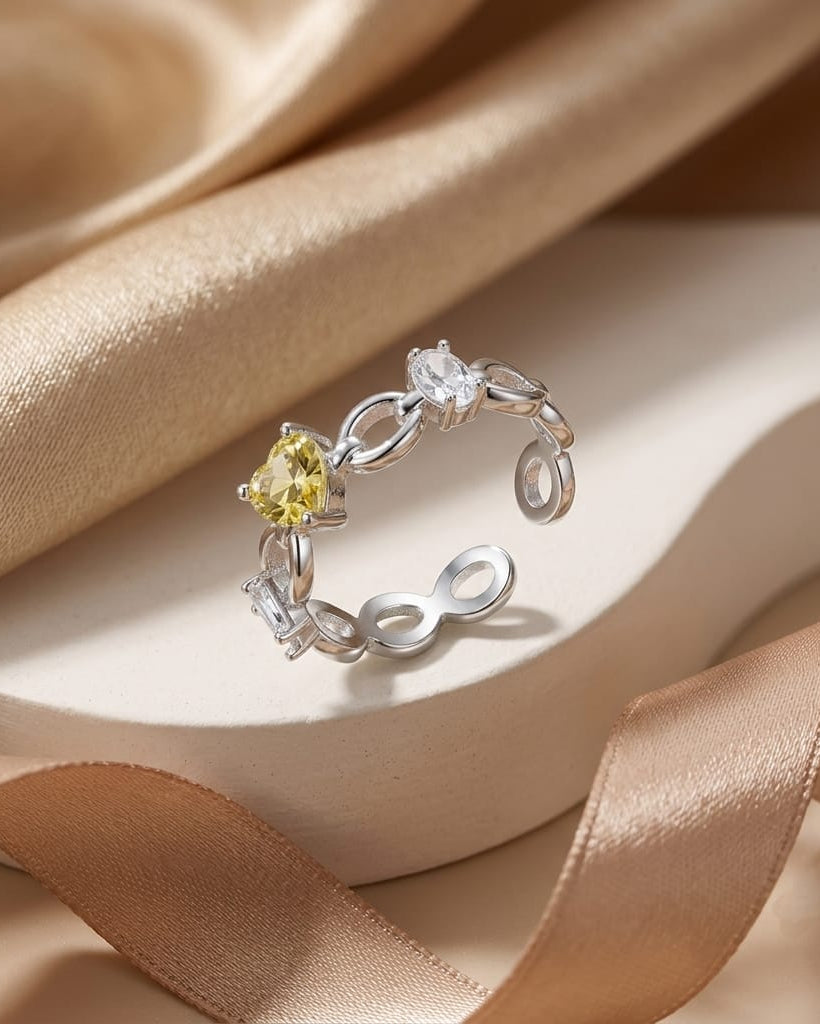 925 Sterling Silver heart and baguette link open ring