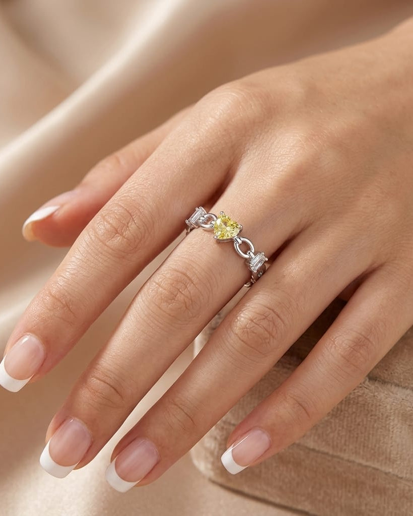 925 Sterling Silver heart and baguette link open ring
