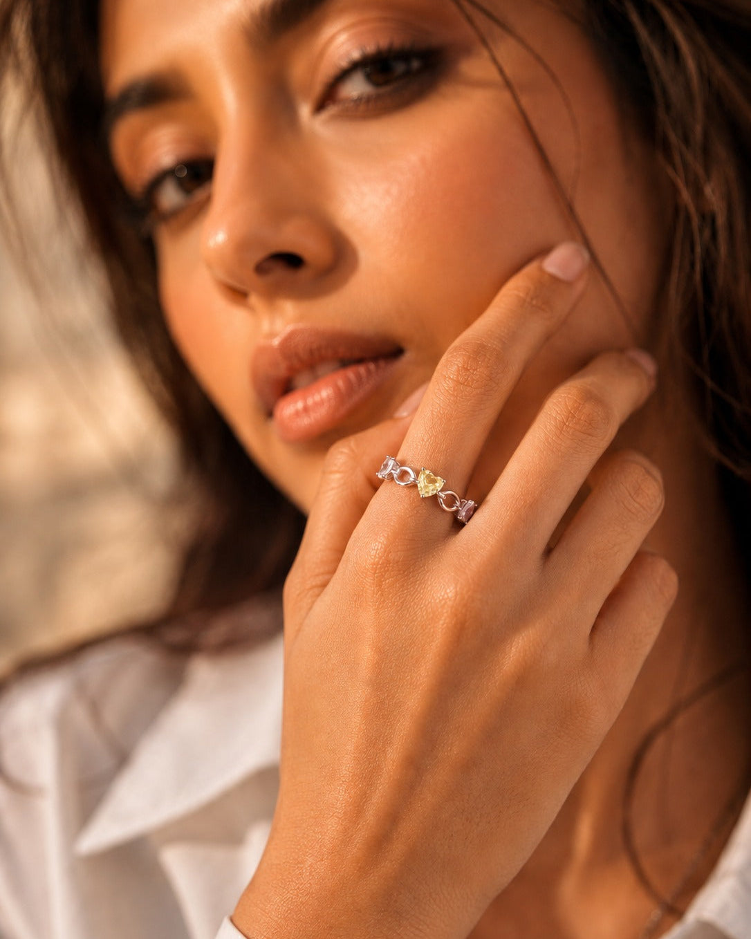 925 Sterling Silver heart and baguette link open ring