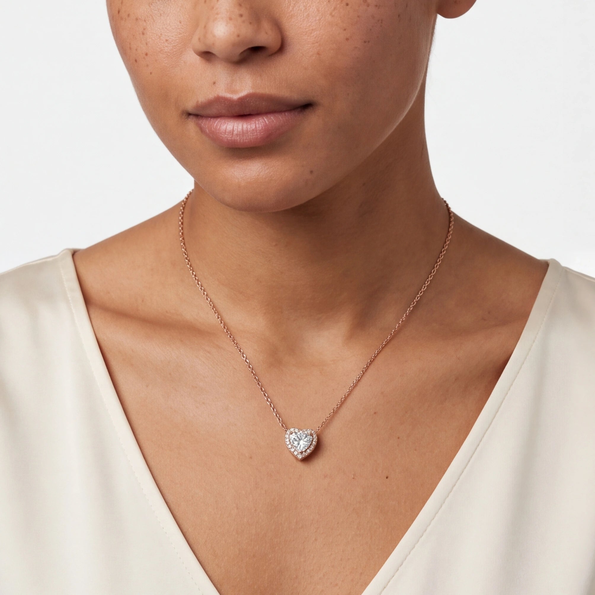 Elegant heart-shaped CZ halo pendant necklace #color_rosegold