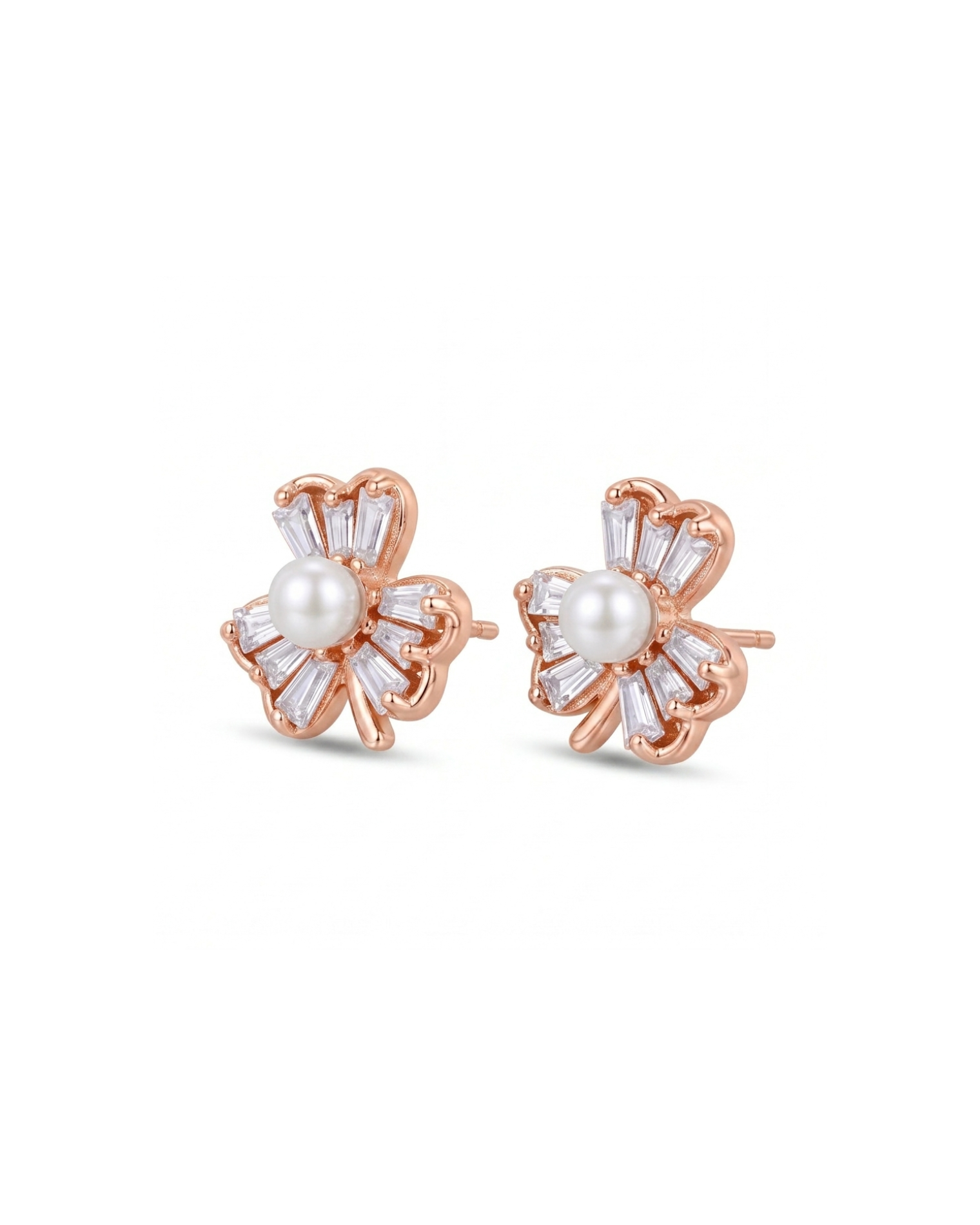 Pair of silver stud earrings with clear gemstones on a white background #color_rose gold