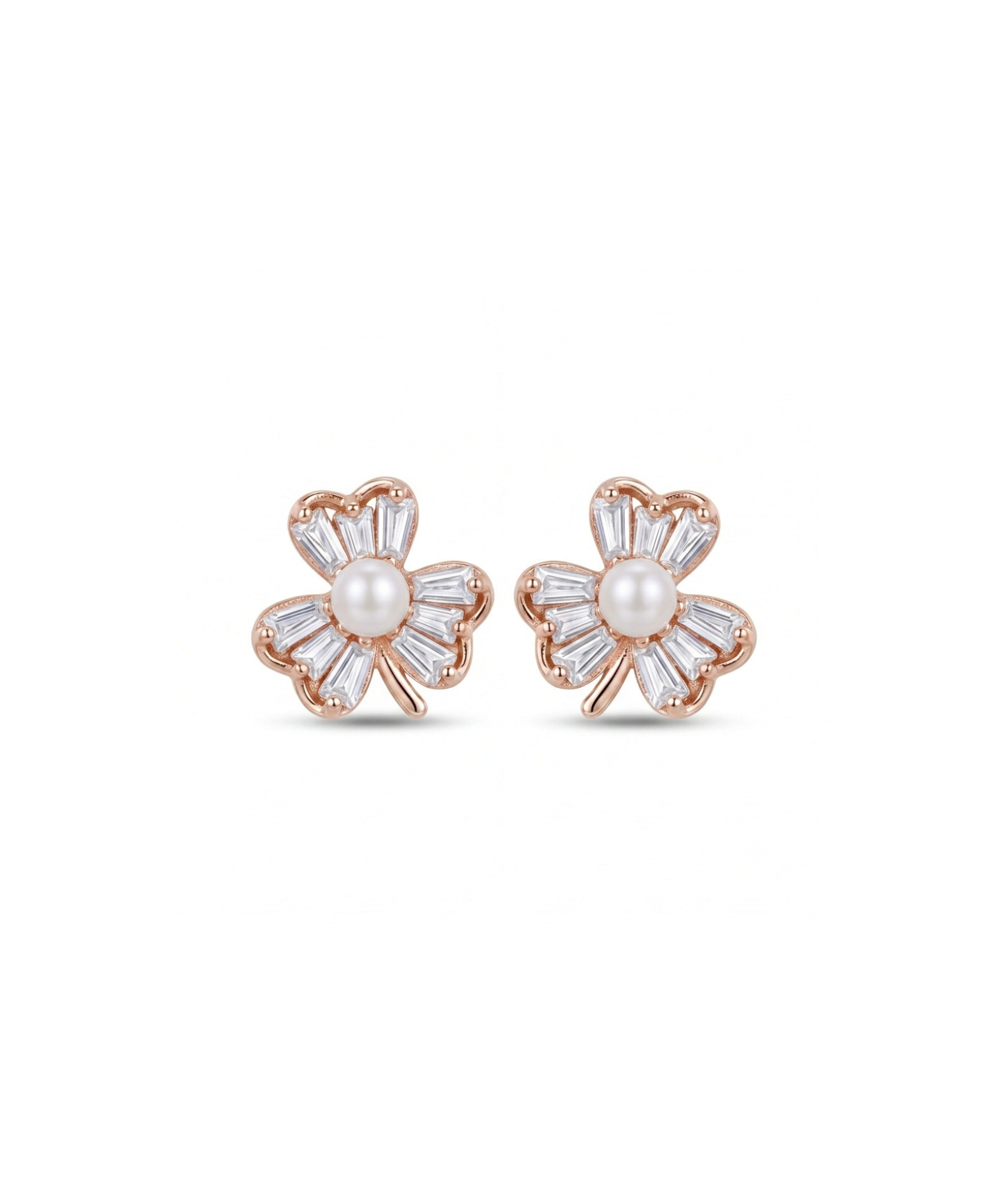 Pair of floral earrings with pearl centers on a white background #color_rose gold