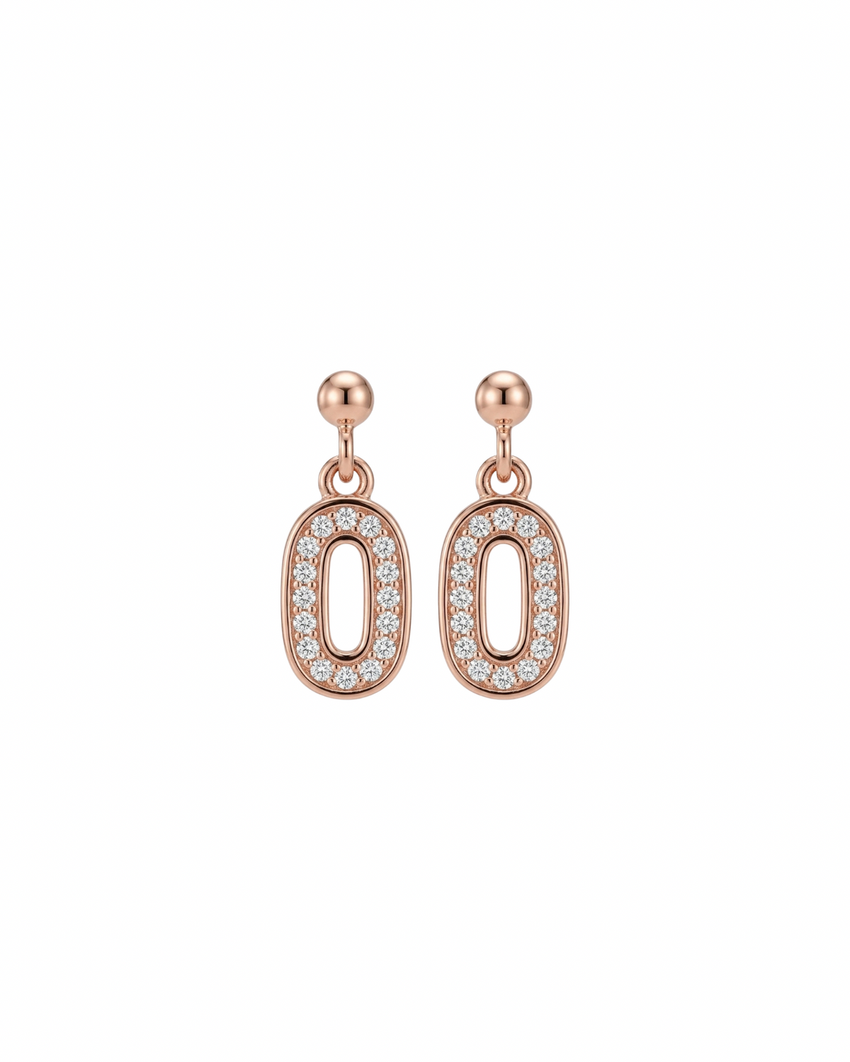 Rose gold earrings with circular design and clear stones on a white background #color_rose gold