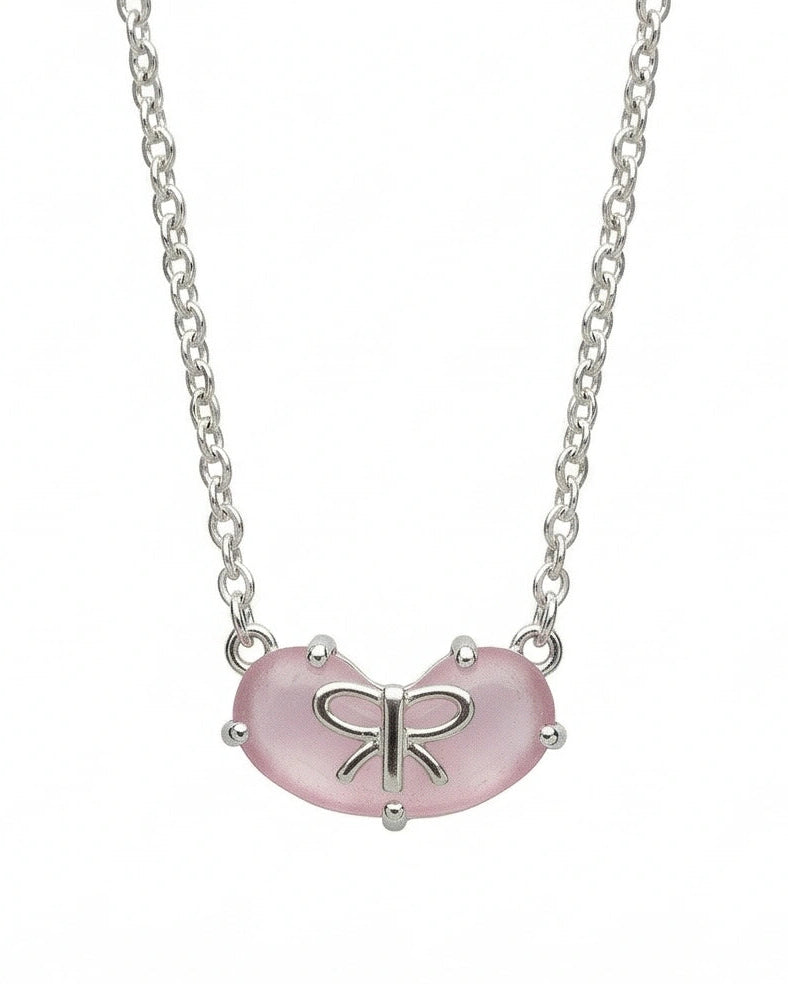 Pink CZ Bow Heart Necklace for Women#color_silver