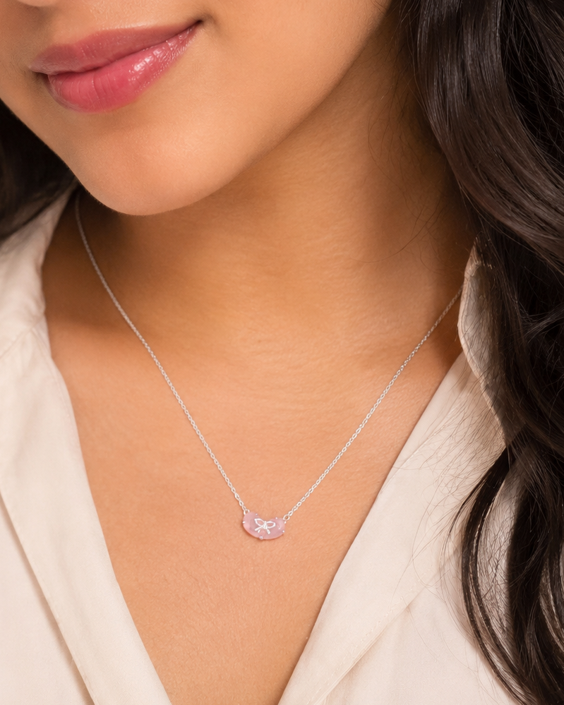 Pink CZ Bow Heart Necklace for Women#color_silver