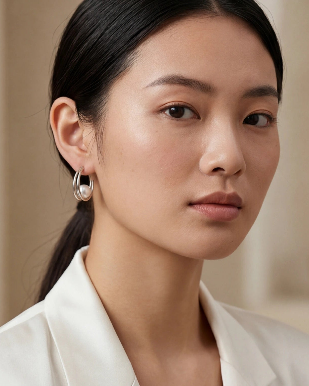 Elegant moon and pearl drop hoop earrings #color_silver