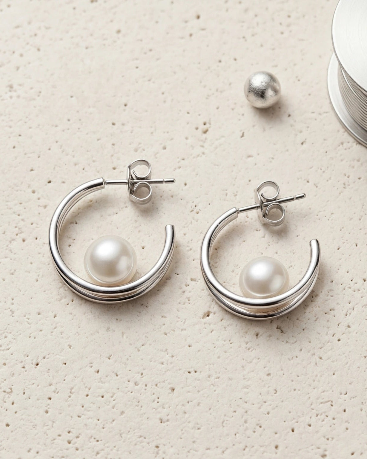 Elegant moon and pearl drop hoop earrings #color_silver