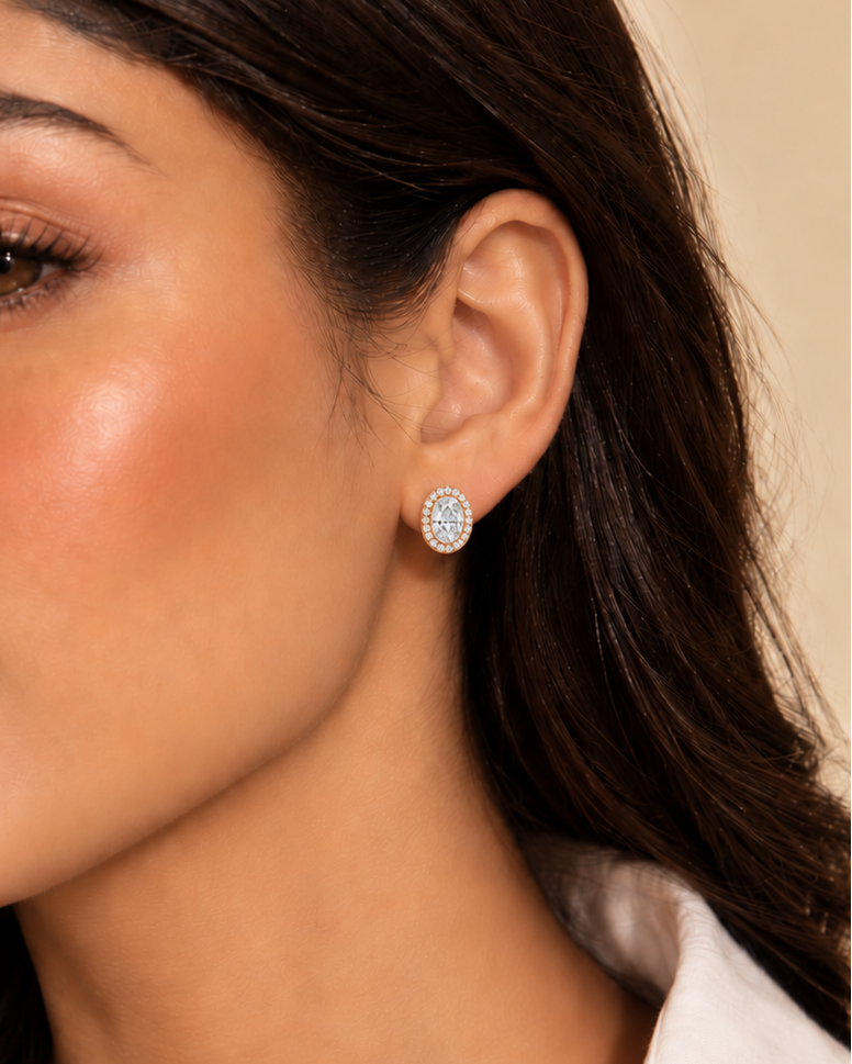 925 Sterling Silver rose gold oval halo stud earrings