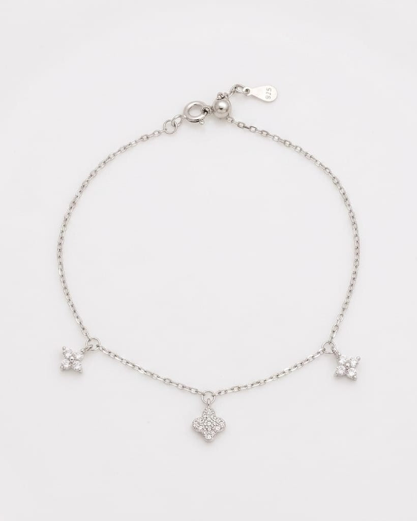 925 Sterling Silver pavé clover charm bracelet with fine cable chain.