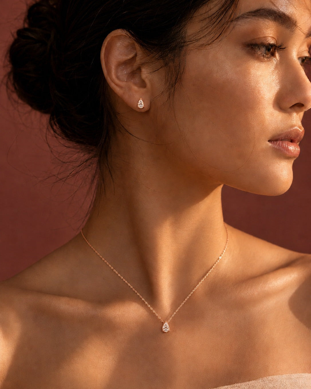 925 Sterling Silver pear-cut necklace and earrings set #color_rose gold