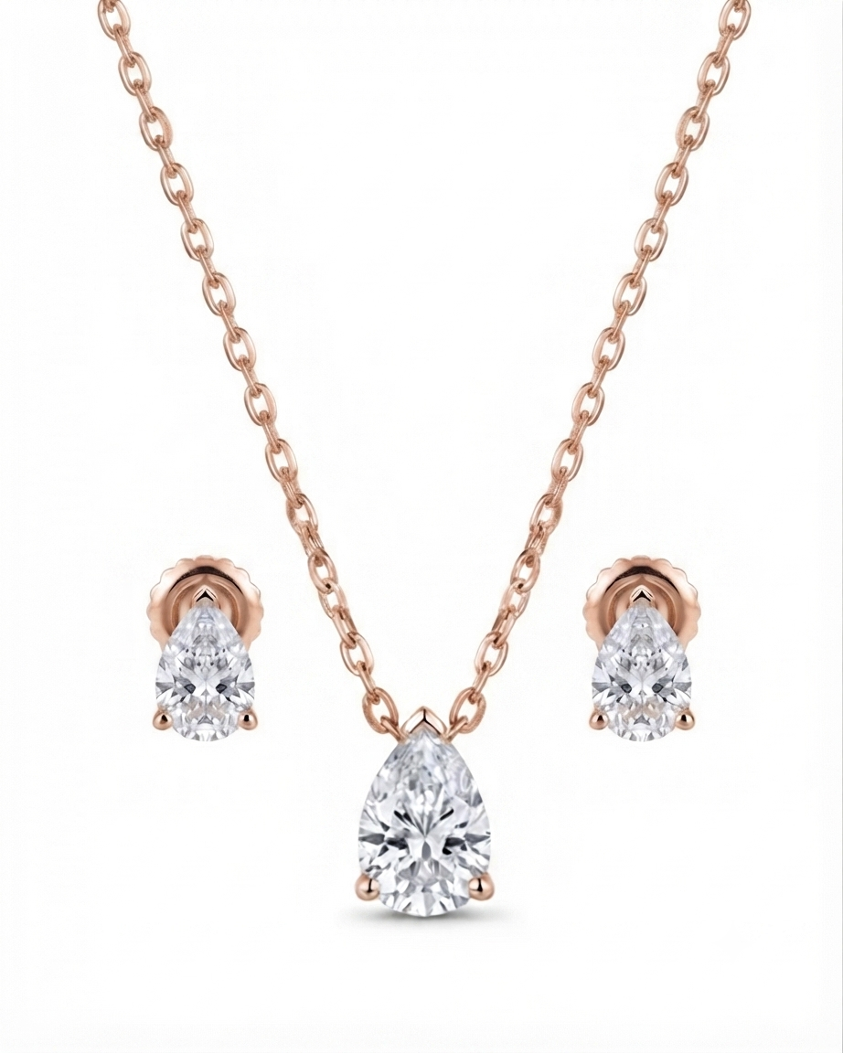 925 Sterling Silver pear-cut necklace and earrings set #color_rose gold