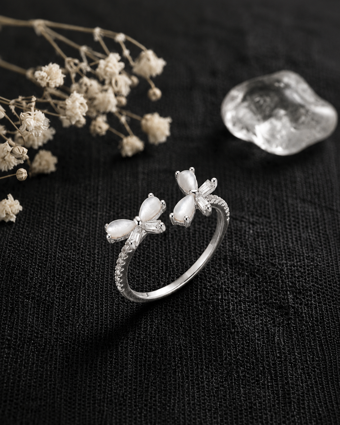 925 Silver Butterfly Pearl Adjustable Ring #color_silver
