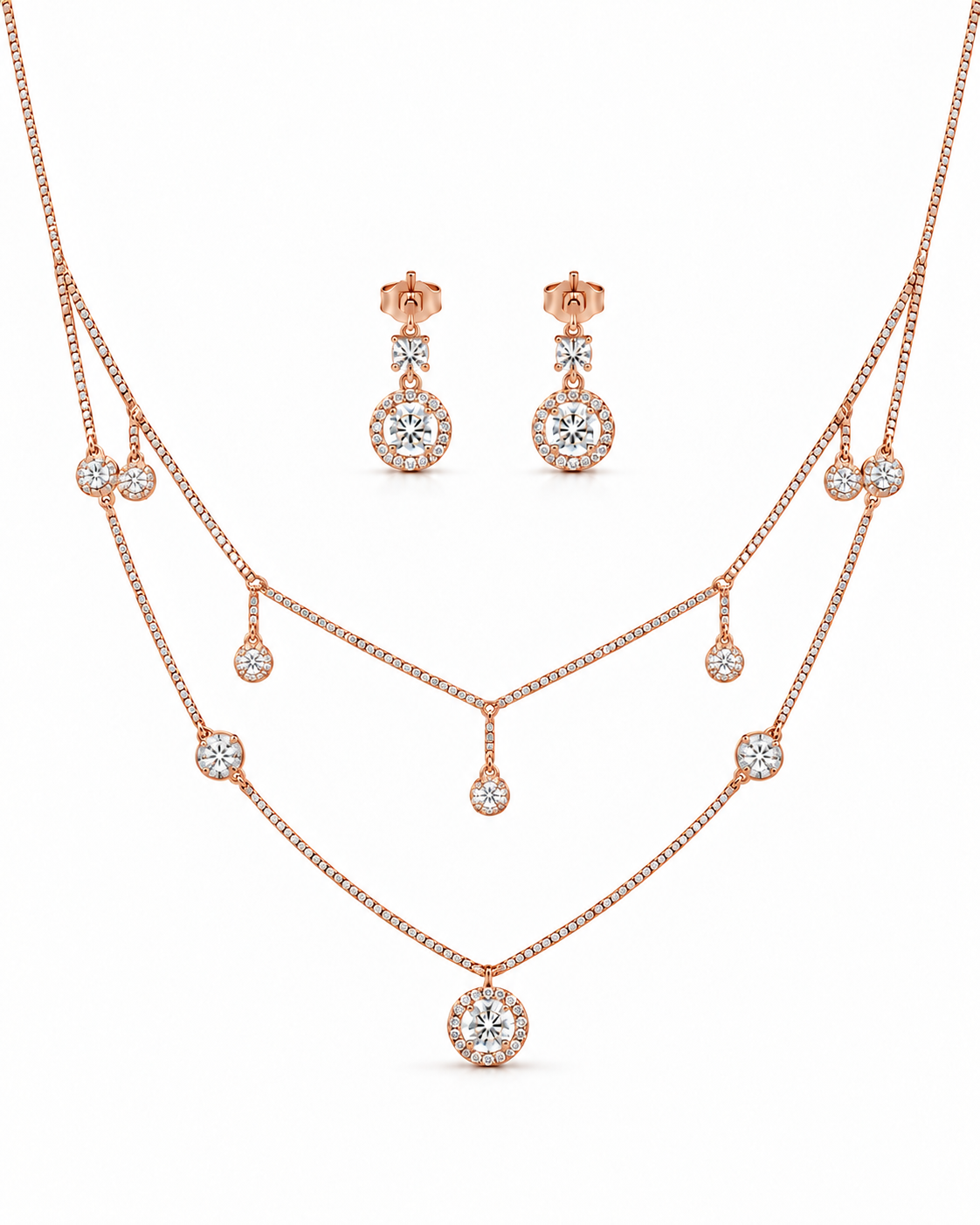 Layered necklace and earrings set with round-cut white accents#color_rose gold
