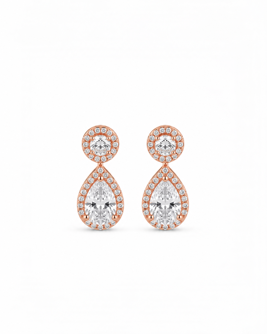 925 Sterling Silver pear halo drop earrings with signature finish #color_rose gold