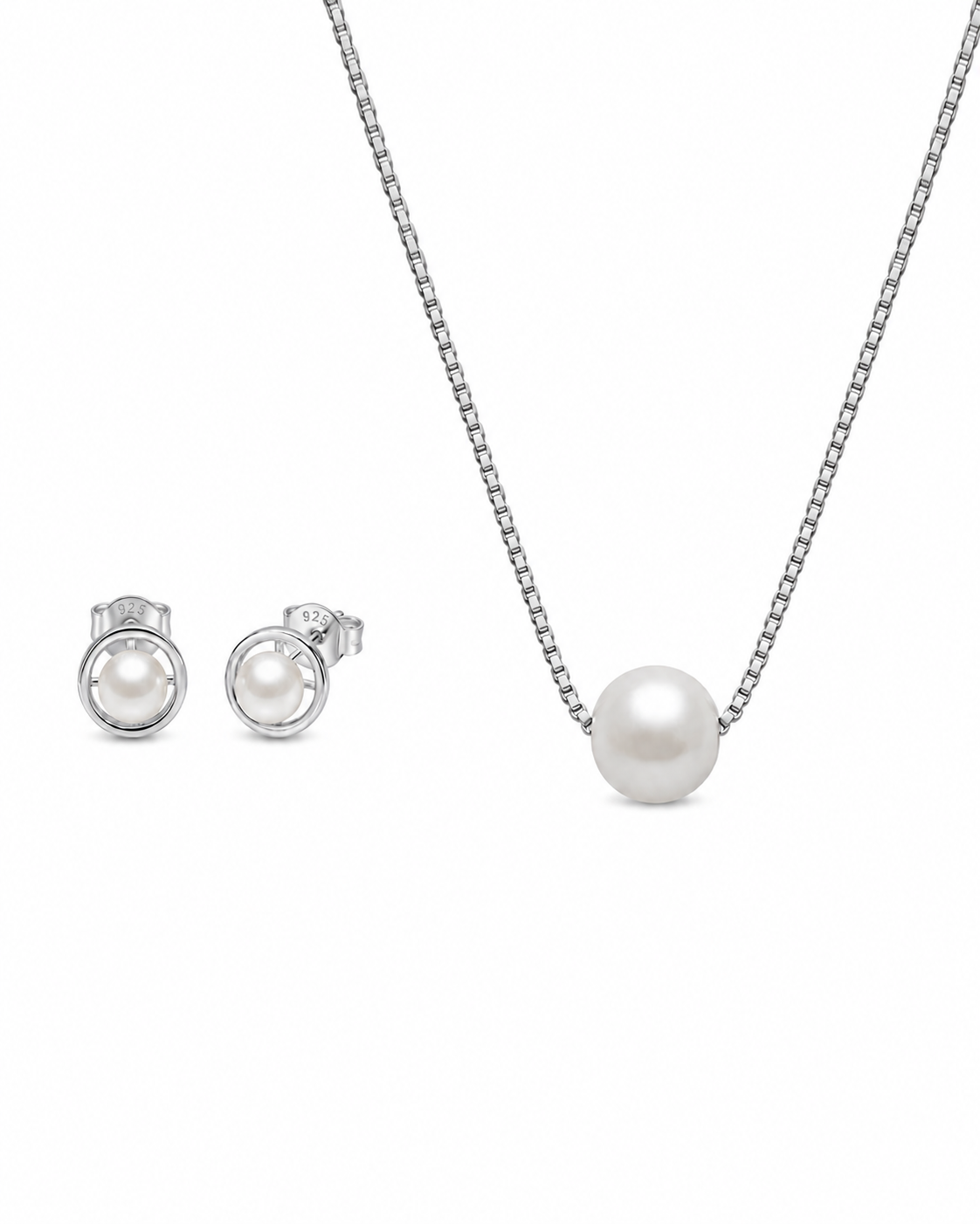 925 Sterling Silver round pearl necklace and open circle earrings set.