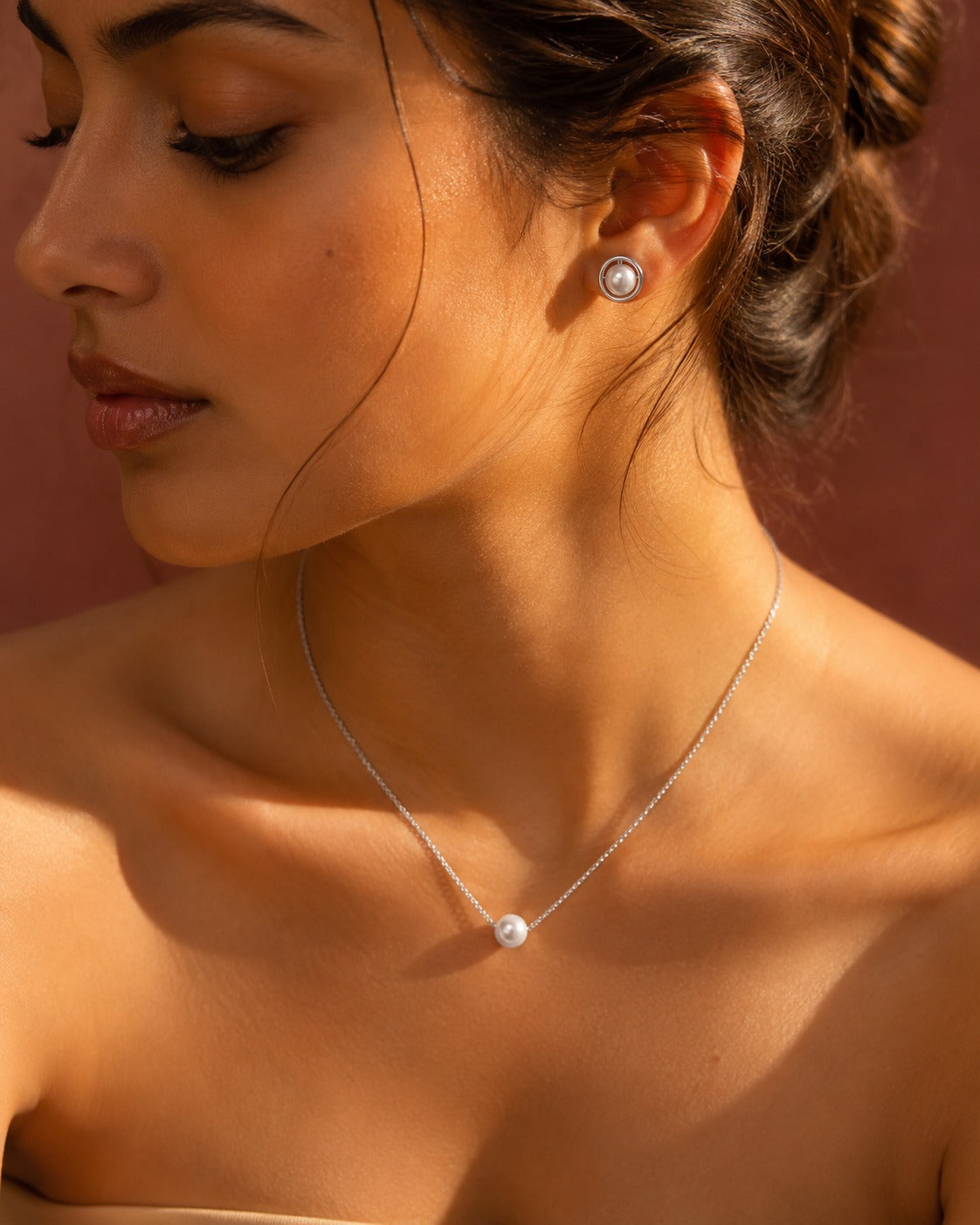925 Sterling Silver round pearl necklace and open circle earrings set.