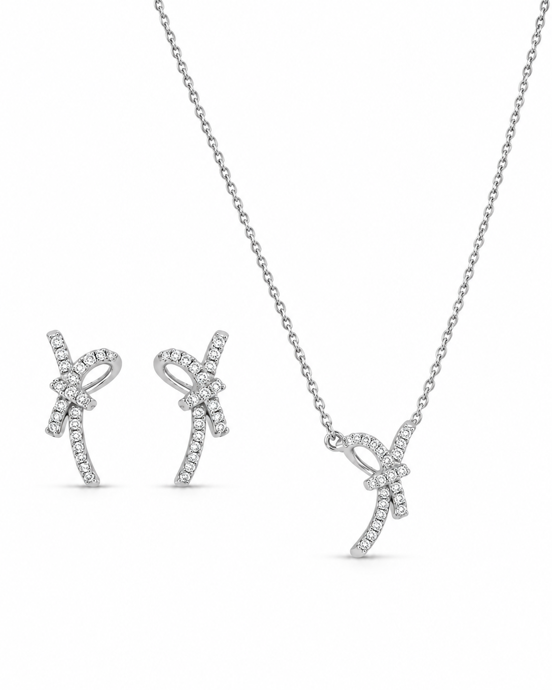 Pave knot necklace and matching earrings with sparkling white accents