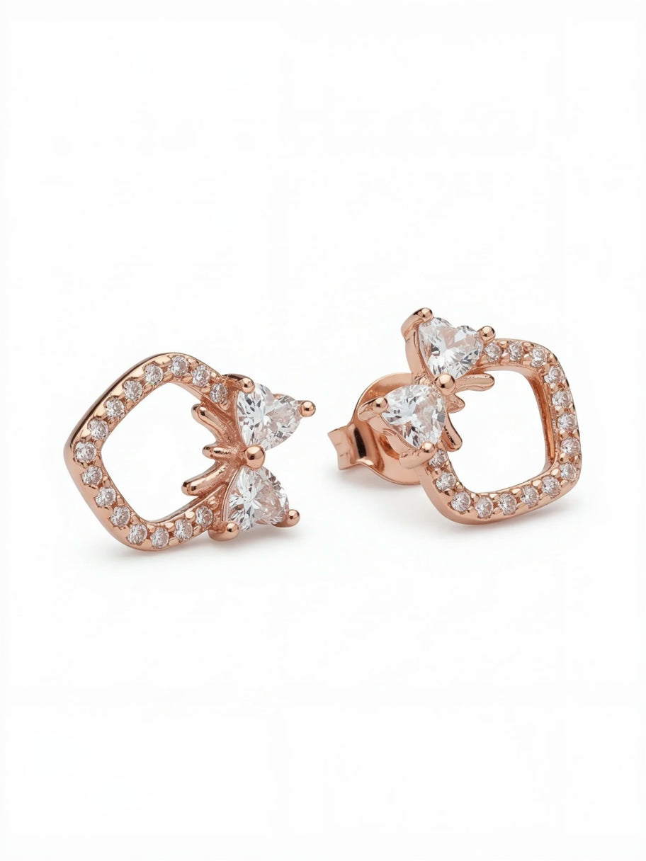 Cute bow and heart stud earrings #color_rose gold