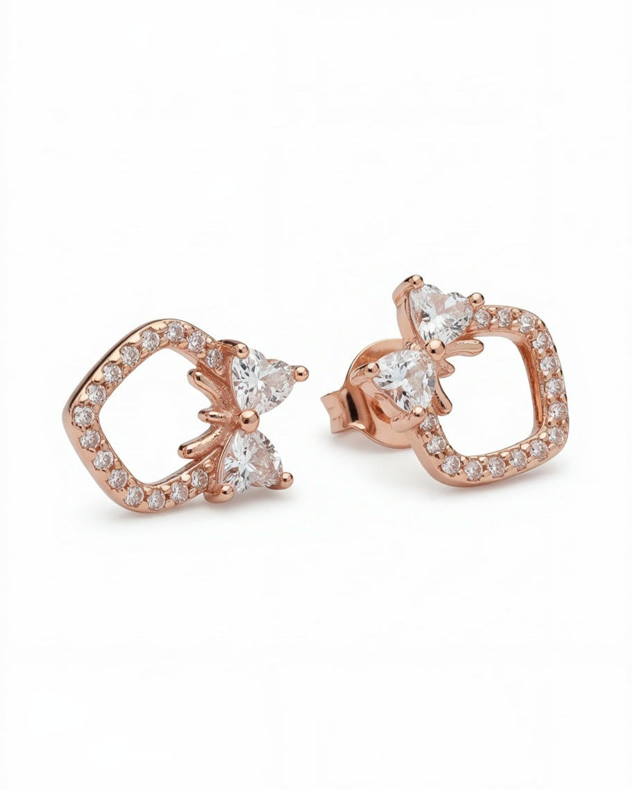 Cute bow and heart stud earrings #color_rose gold
