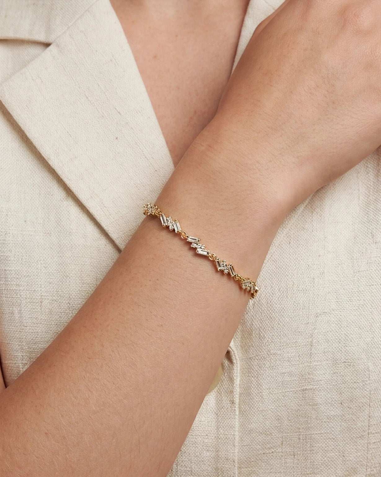 Baguette CZ Chain Bracelet for Women#color_gold
