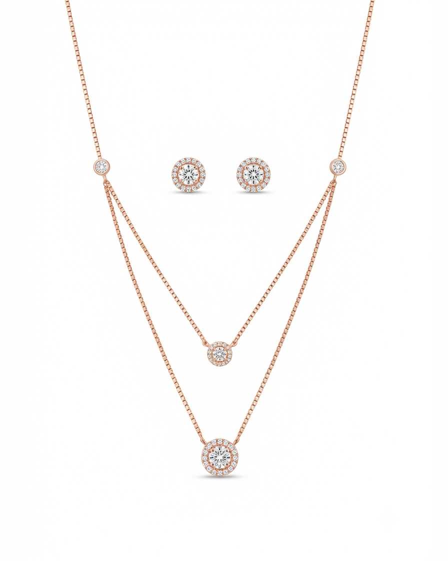 925 Sterling Silver tiered halo necklace and earrings set