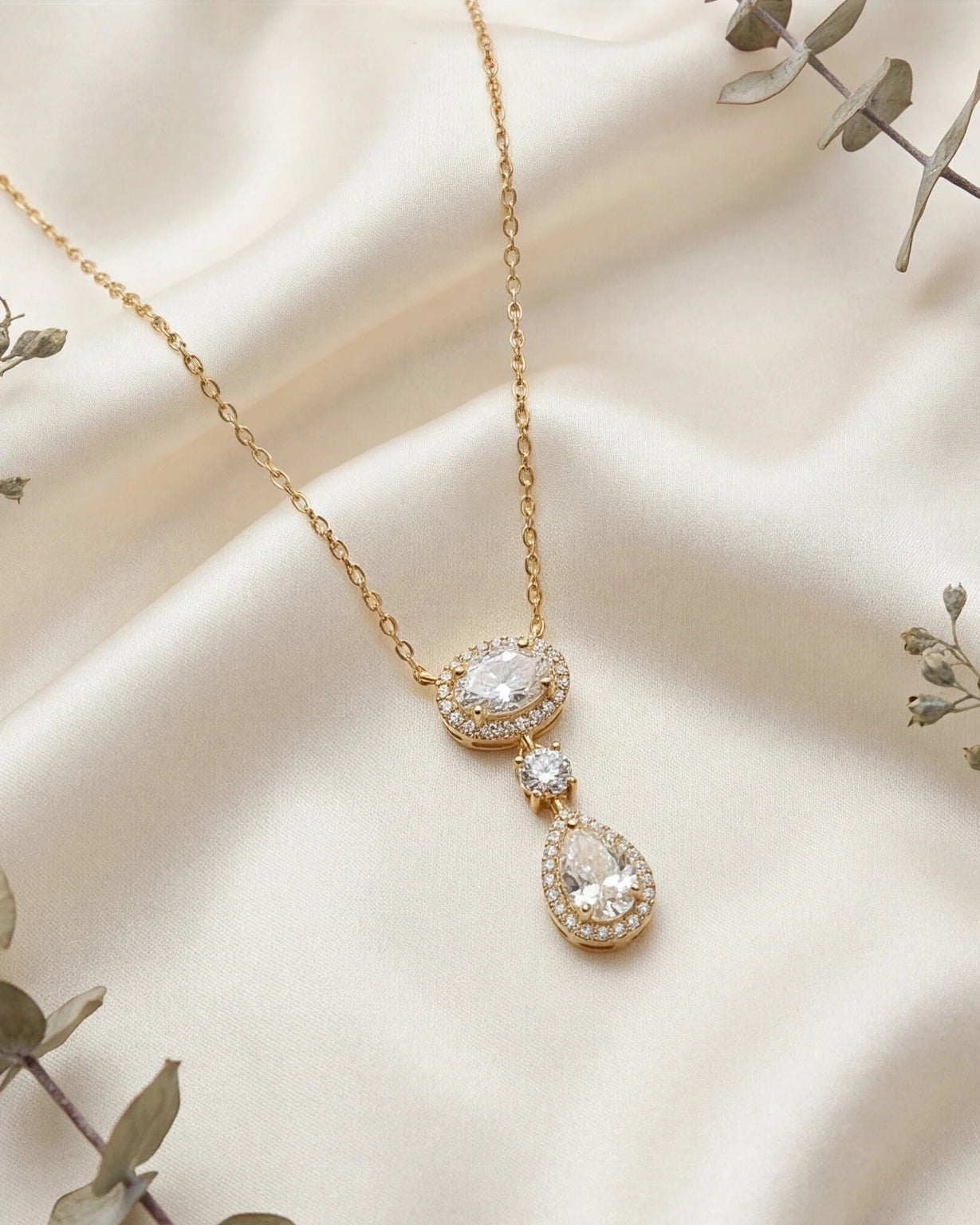 Oval & Pear CZ Halo Drop Necklace for Women #color_gold