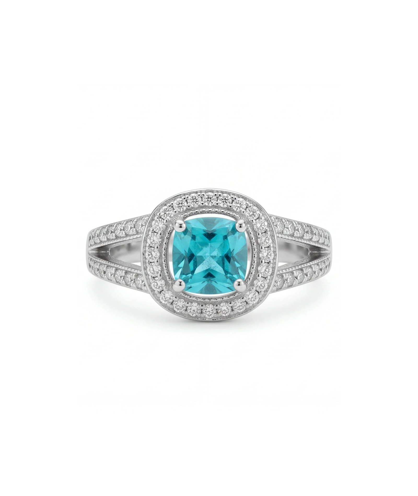 Brighton Belle Ocean Blue Cushion Cut Double Halo Ring