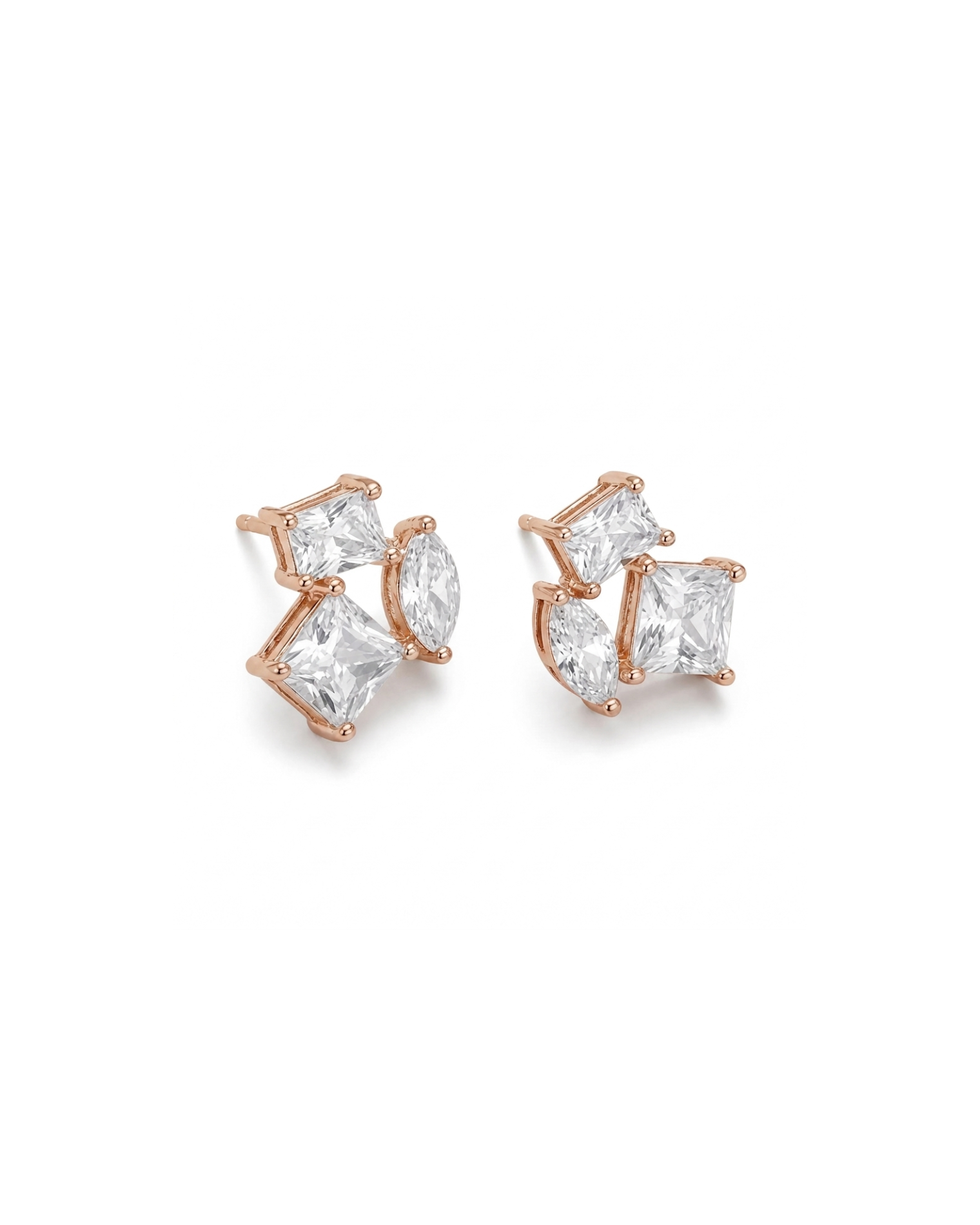 Rose gold earrings with clear gemstones on a white background #color_rose gold