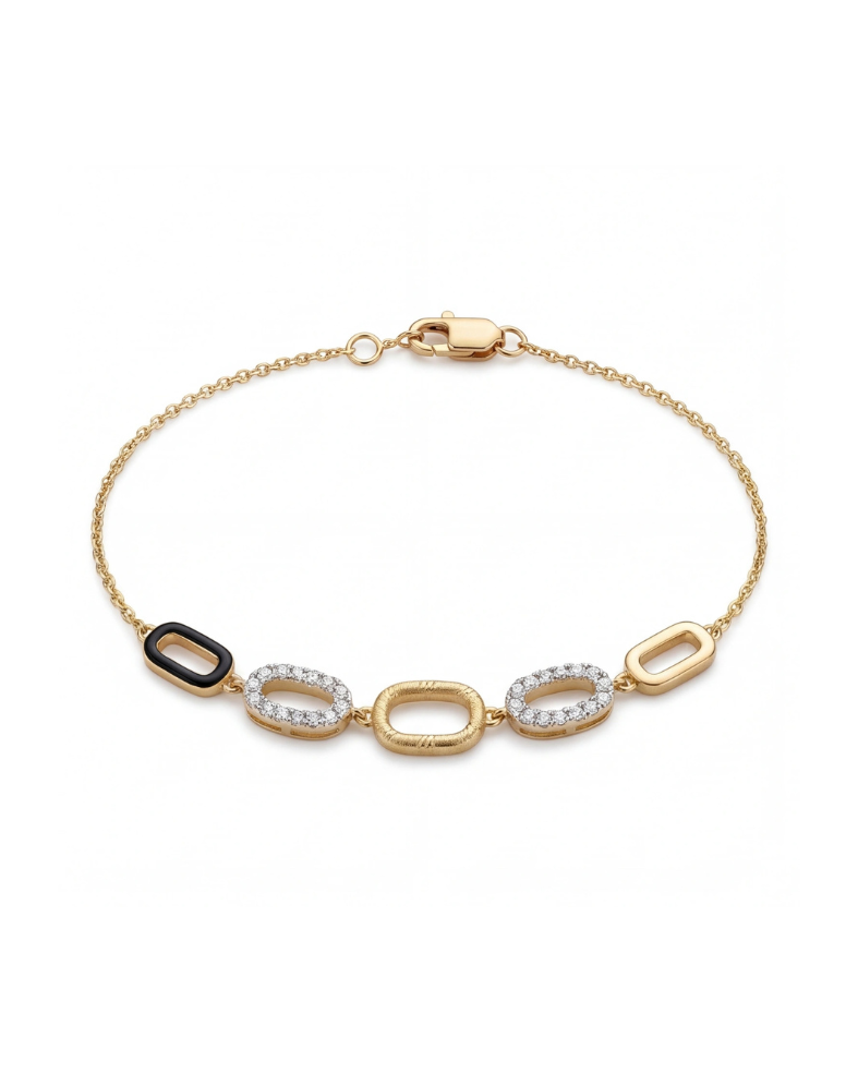Gold bracelet with various links on a white background #color_gold