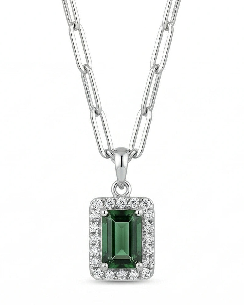 Emerald Halo Pendant Necklace for Women#color_silver