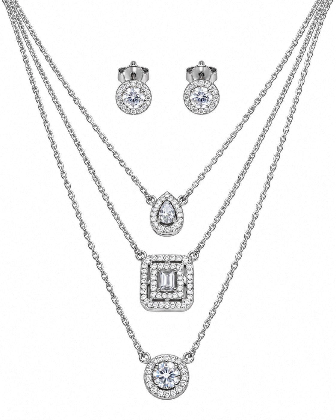 Geometric layered necklace and earrings set with sparkling white accents