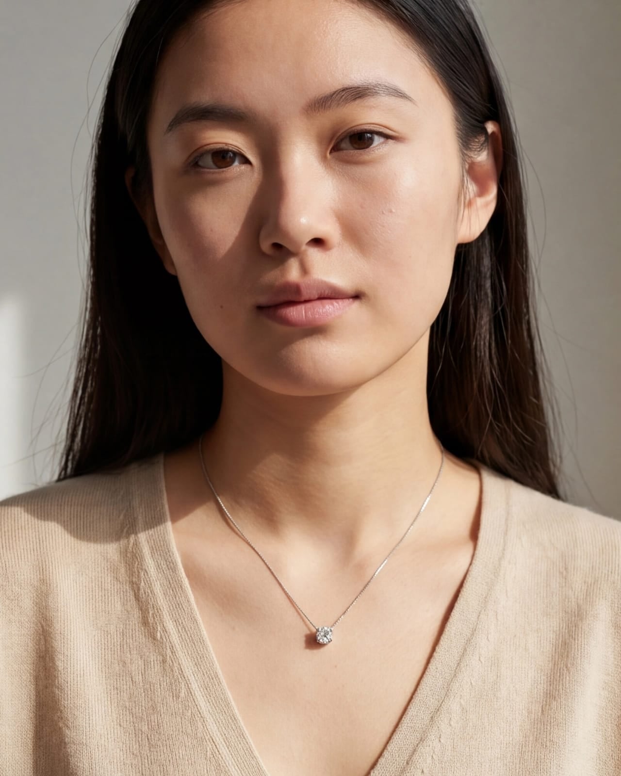 Woman wearing a necklace with a minimalistic pendant against a neutral background #color_silver