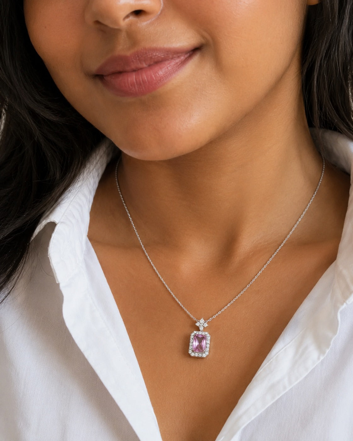 Pink Halo Pendant Necklace for Women #color_silver