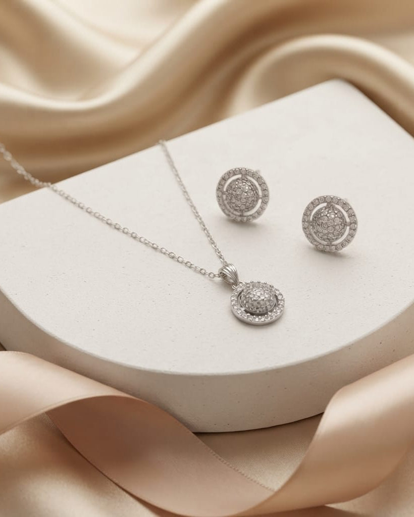 Round - Shaped Solitaire Jewelry Set | 925 Sterling Silver Necklace & Earrings