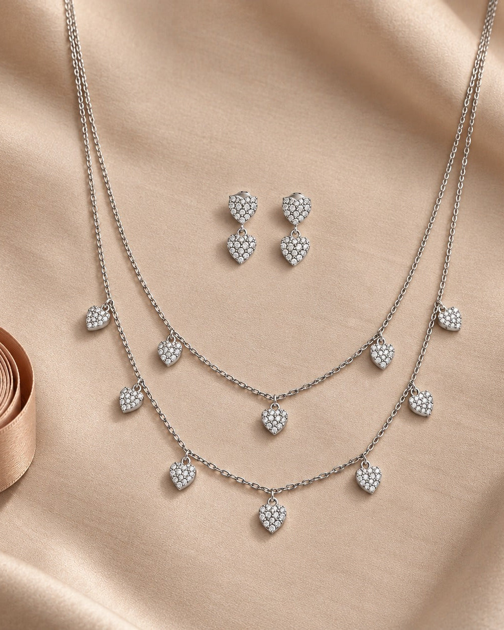 925 Sterling Silver pavé heart layered necklace and earrings set