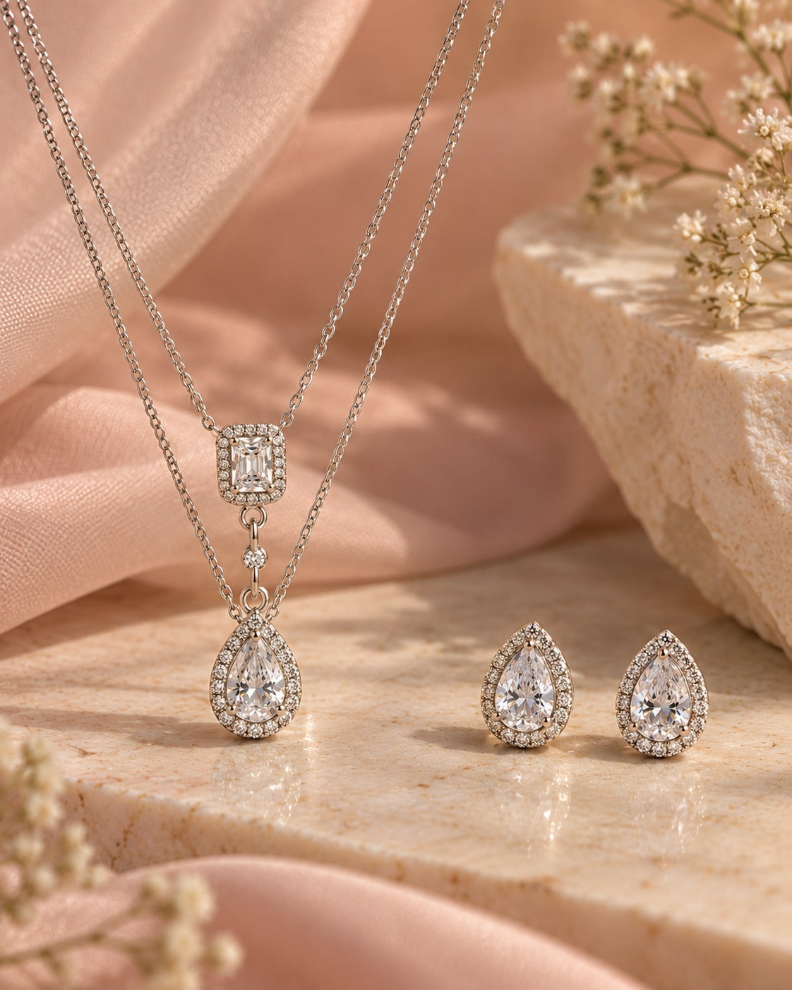 Teardrop Pendant Necklace & Earrings Set in 925 Silver | Cilvira