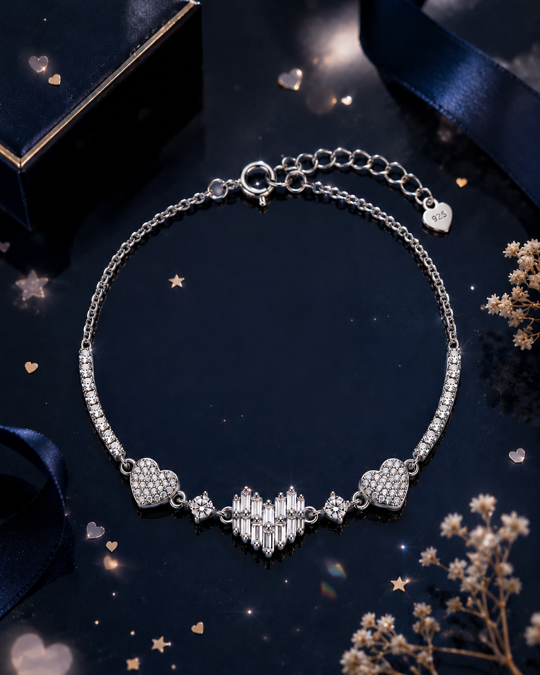 bracelet with pavé hearts and baguette-cut center design #color_silver